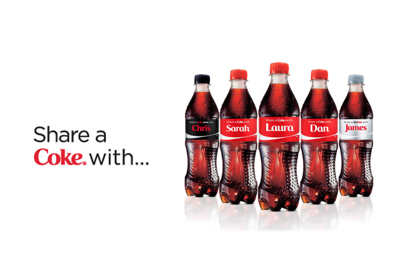 Coca-Cola bottles featuring personalised names as part of the 'Share a Coke' campaign.