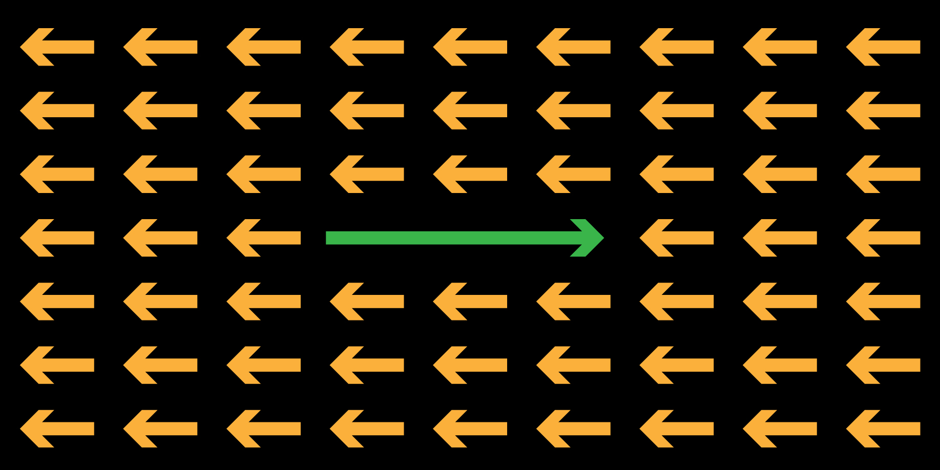 Pattern of orange arrows pointing left with one green arrow pointing right, representing individuality or thinking differently.