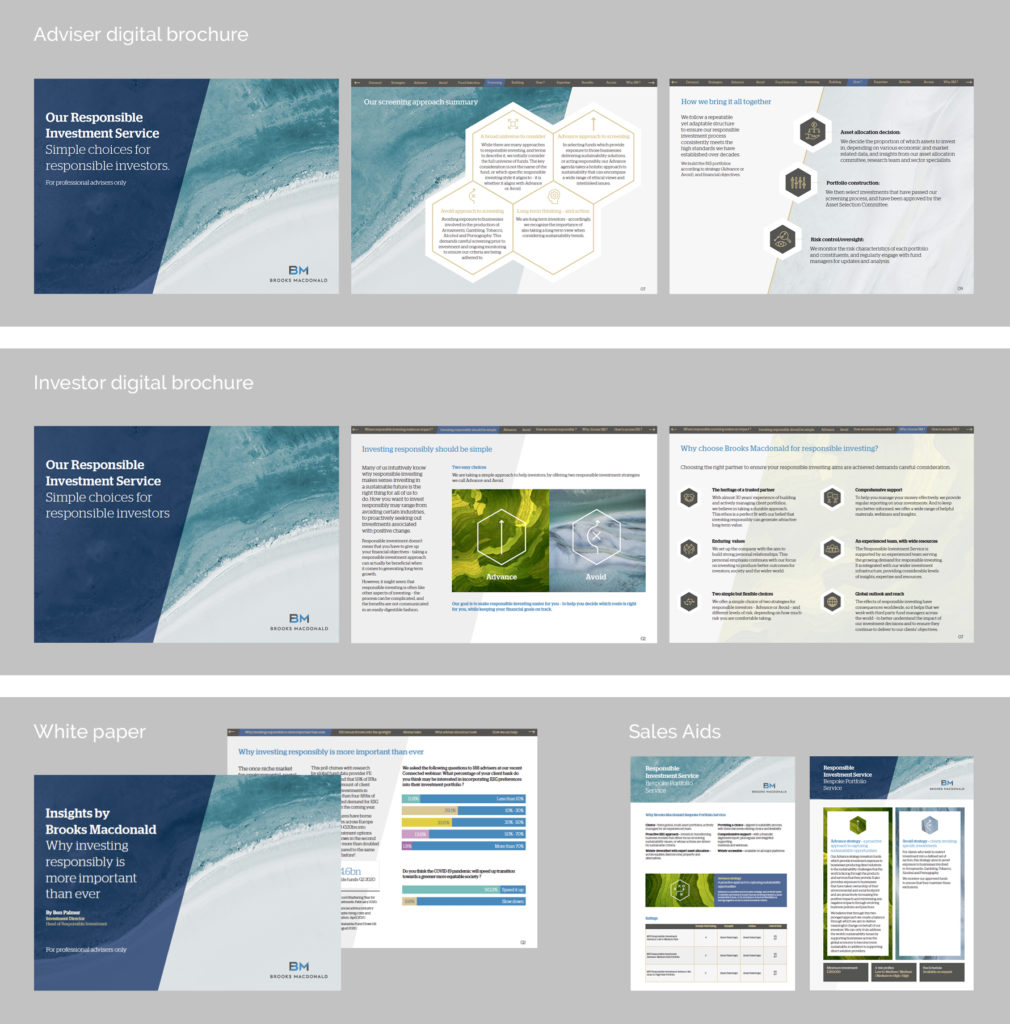 A collection of Brooks Macdonald responsible investing materials, including adviser and investor digital brochures, a white paper, and sales aids, showcasing insights and services for ethical investments.