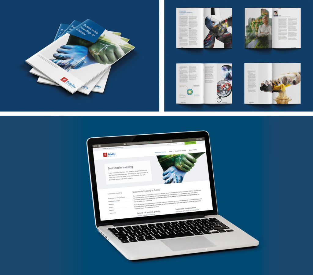 Promotional materials for sustainable investing by Fidelity, including brochures, internal magazine spreads, and a laptop displaying the Fidelity sustainable investing webpage.