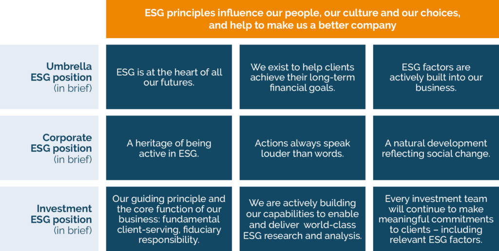 Table outlining ESG principles and positions, including umbrella, corporate, and investment levels, highlighting the integration of ESG into business practices and client commitments.