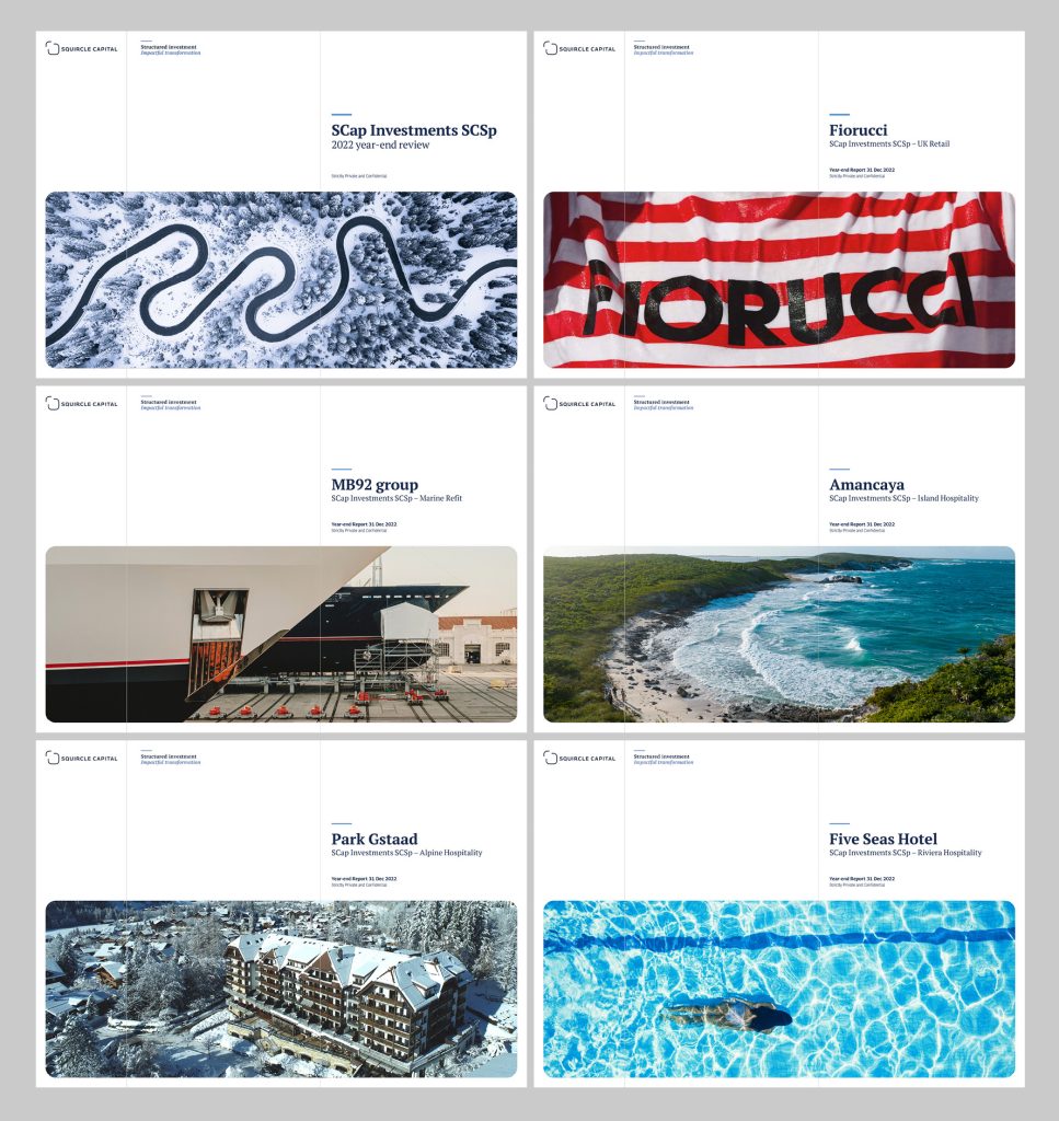 A showcase of investment portfolios by SCap Investments SCSp, featuring year-end reviews and projects across various industries, including retail, hospitality, and marine refit, with visually distinct cover designs.