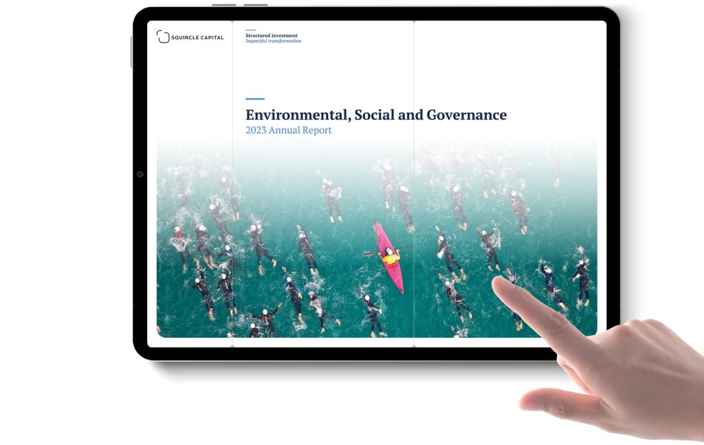 Tablet displaying the SQuircle Capital 2023 Annual Report titled 'Environmental, Social, and Governance,' with a cover image of swimmers and a kayaker in open water, symbolizing collective progress.