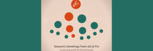 Holiday greeting card with red and green dots forming a Christmas tree shape on a beige background, with text ‘Season's greetings from all at Fin International.’