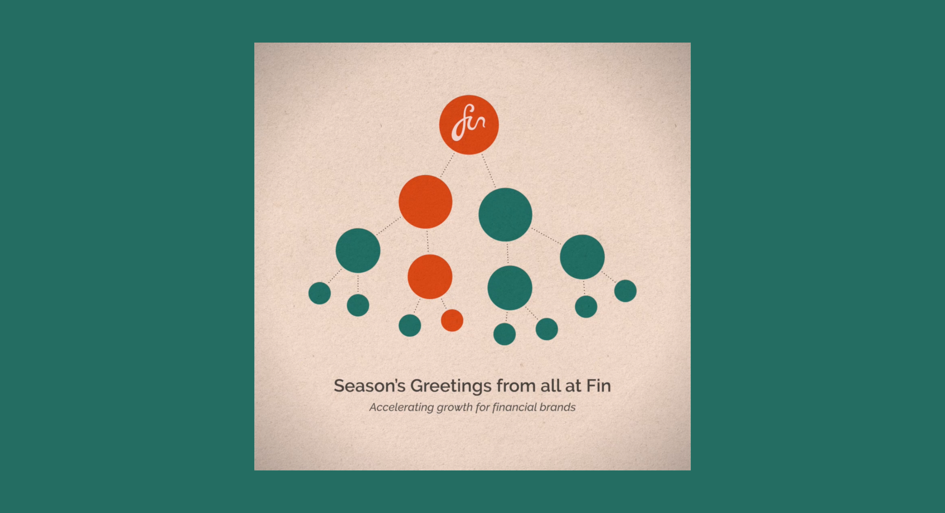 Holiday greeting card with red and green dots forming a Christmas tree shape on a beige background, with text ‘Season's greetings from all at Fin International.’